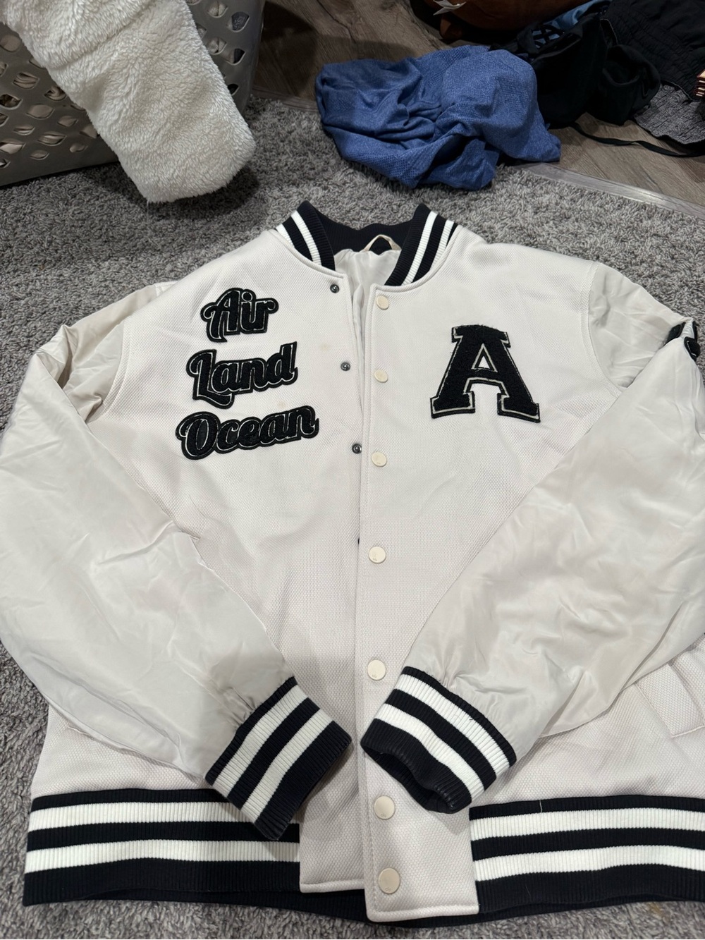 ALO Yoga Cream and Black Varsity Bomber Jacket with 'A' Patch
